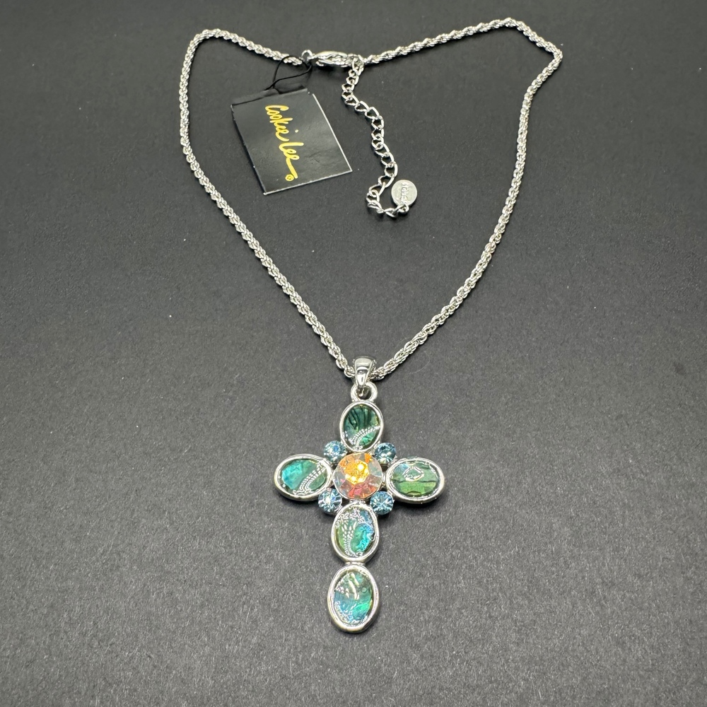 Vintage Cookie Lee Silver Abalone Shell Cross Necklace Sky Blue Swarovski AB NWT
